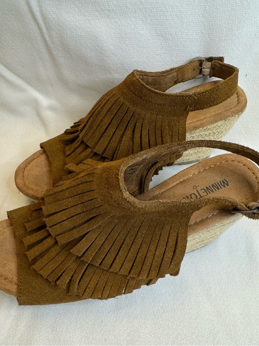 Minnetonka Ashley Suede Fringe Wedge Sandals 8 Brown Boho Espadrille Slingback - Picture 4 of 12